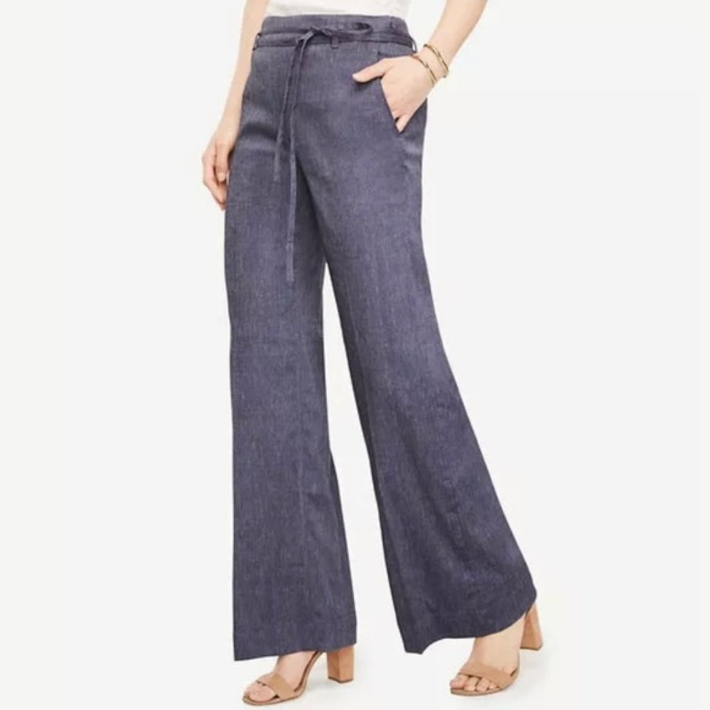 Ann Taylor Wide-Leg Drawstring Chambray Trousers in Indigo